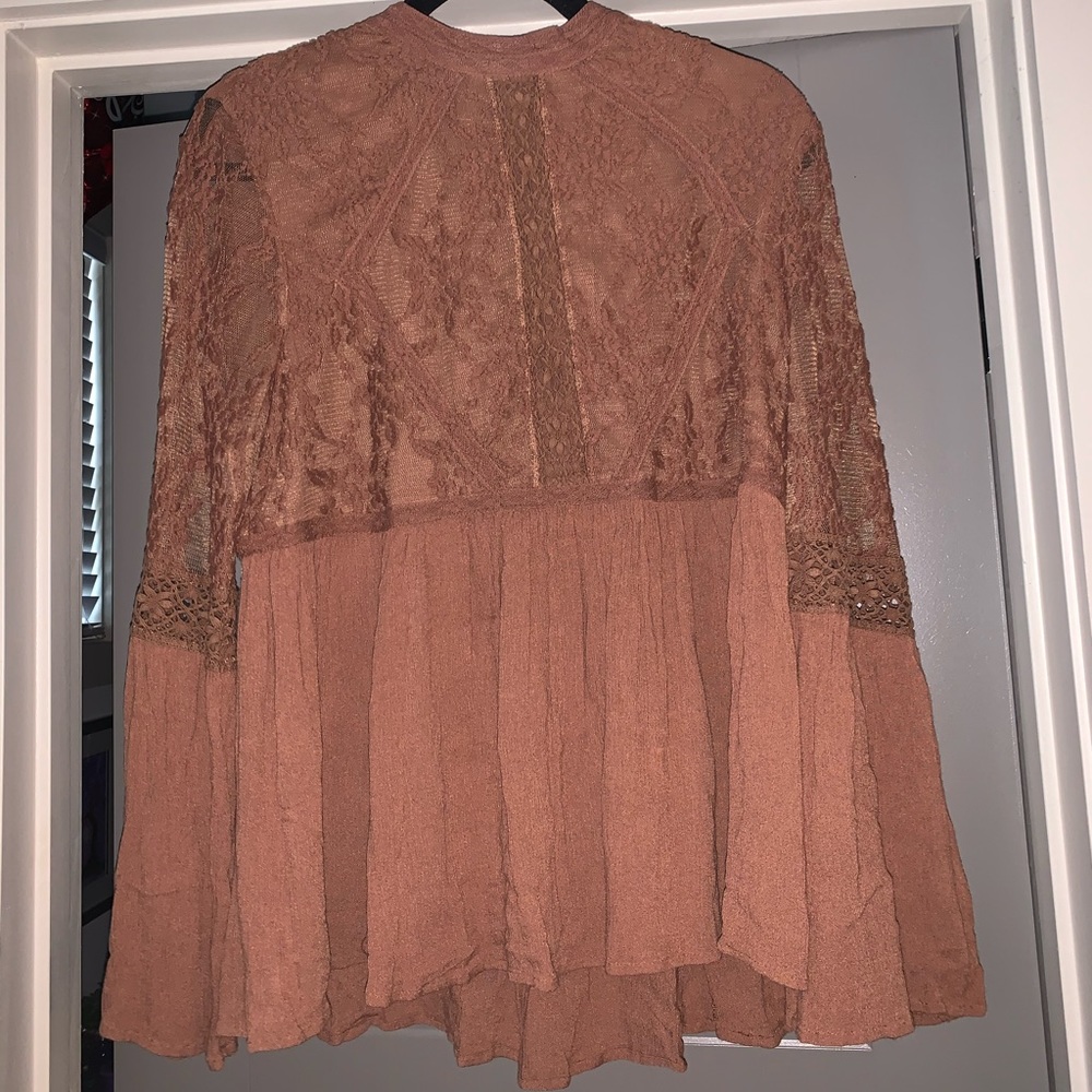High-neck lace mustard yellow long sleeve blouse